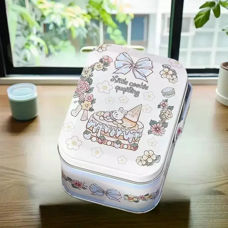 boîtes métalliques blanc rose bleu beige lapins fleurs rubans noël cartoon mignon illustrations
