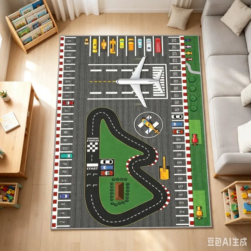 tapis jeu enfants route avions voitures arbres maisons panneaux moderne gris vert blanc rouge