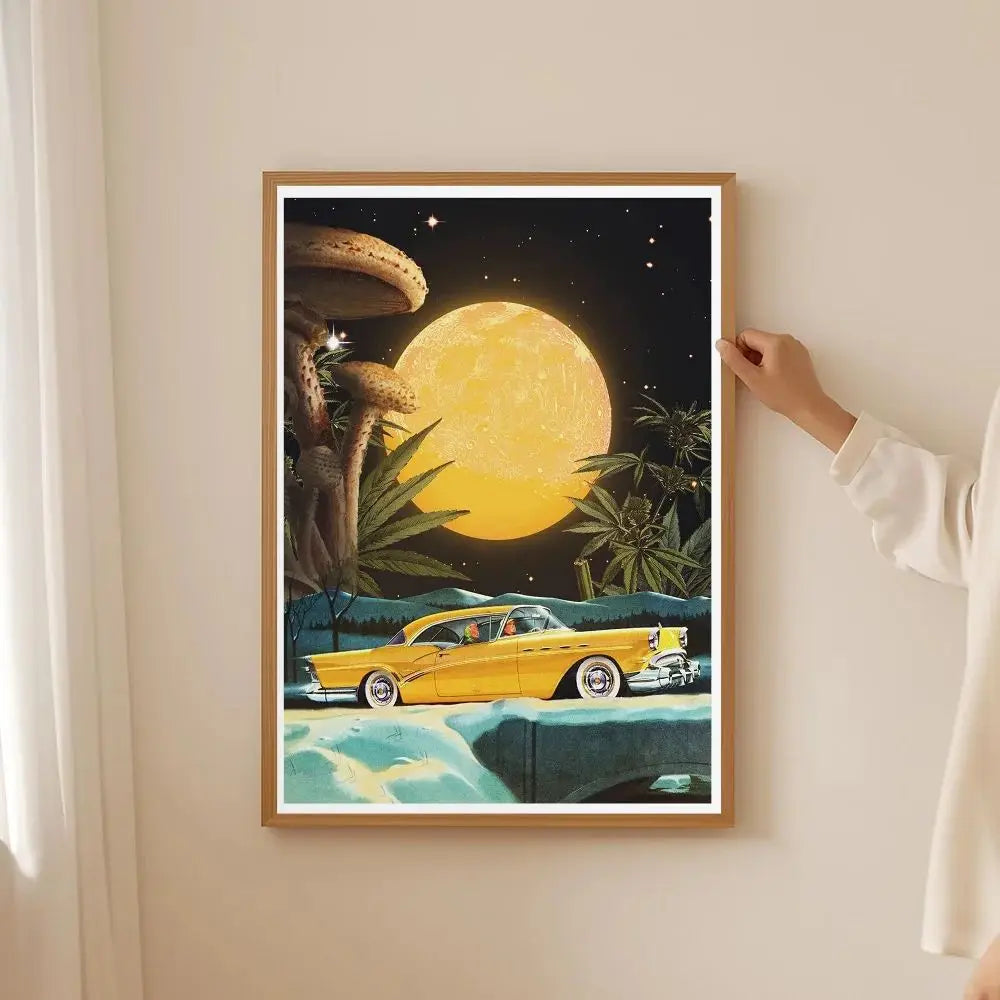 affiche art imprimante toile adhésive verte rose noire blanche illustration cannabis voiture paysage fantastique