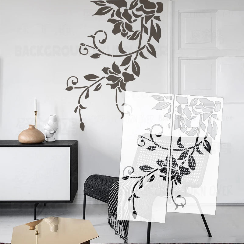 Stencil mural floral noir blanc adhésif artisanal decoratif taille 70cm 60cm 50cm 80cm 90cm