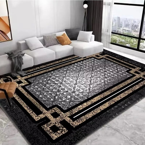 tapis salon moderne motif géométrique noir blanc beige gris doux rectangulaire décoration maison intérieur