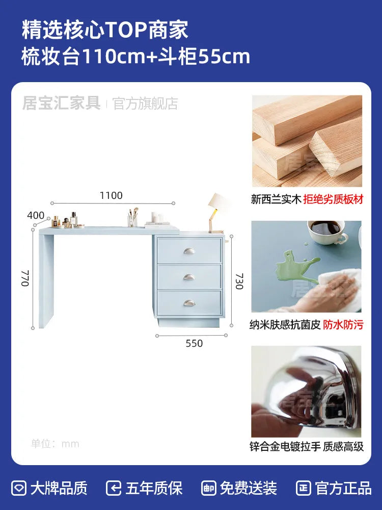meuble rangement moderne bleu clair tiroirs miroir led lampe horloge livres fleurs statuette tapis