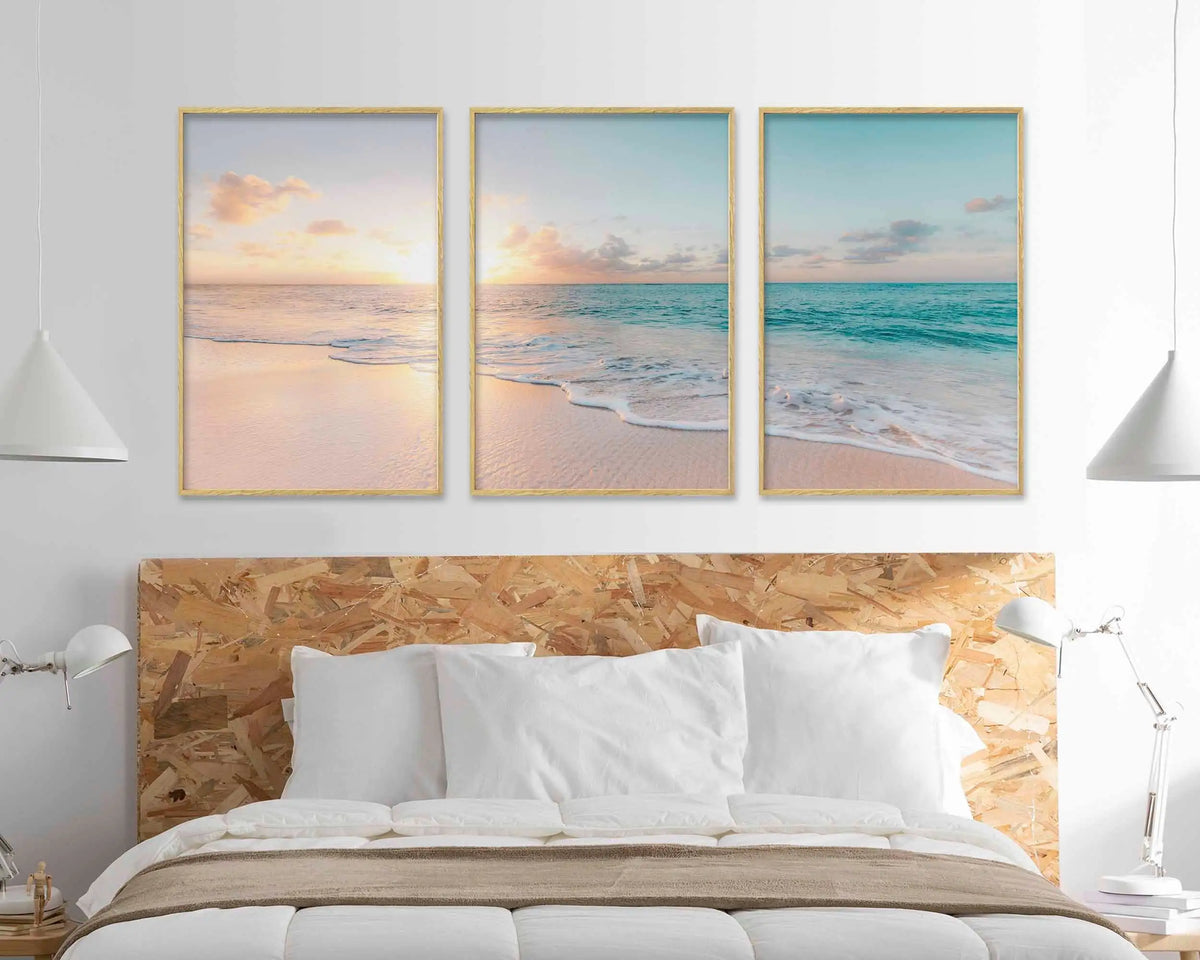 affiches murales moderne paysage marin coucher soleil beige blanc bleu clair rose pâle minimaliste