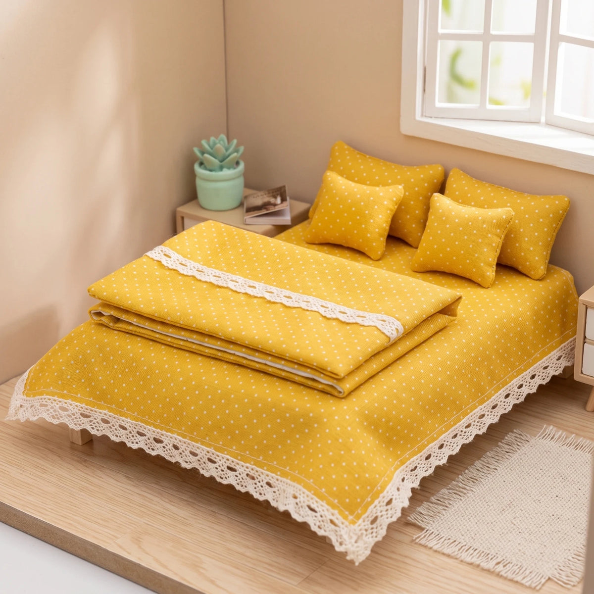 Literie maison poupée lit couverture taies oreiller jaune vert rayé dentelle pois rustique