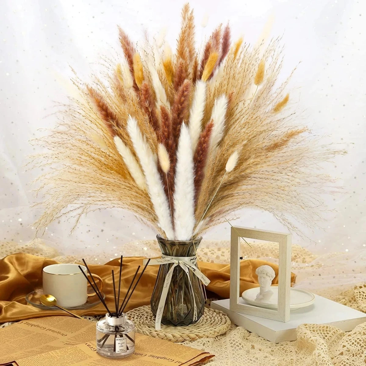 bouquet pampas séchés naturels beige marron blanc décoration boho intérieur événements festifs