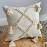coussin beige géométrique frange boho chic intérieur décoration maison lavable