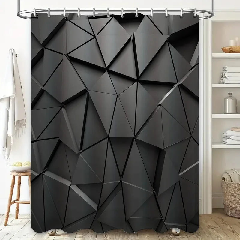 rideau douche géométrique moderne motif polygone noir gris abstrait opaque contemporain tringle métal