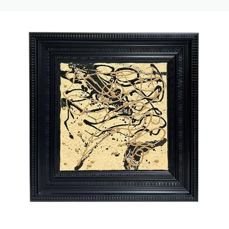 tableau moderne abstrait noir beige gris blanc marbré taches cadre toile salon décoration