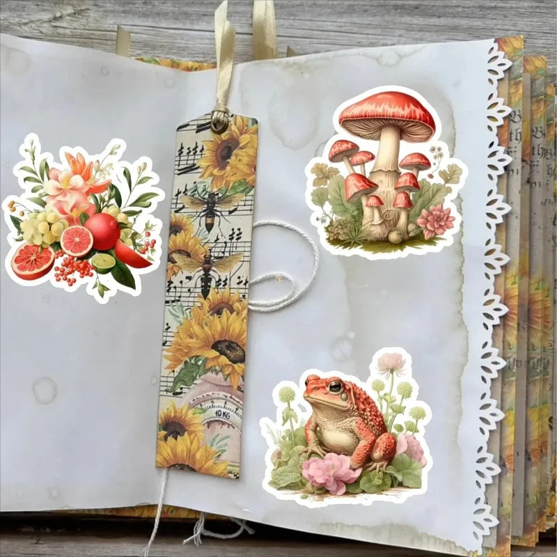 sticker botanique vintage fleurs plantes papillon oiseau grenouille adhésif nature illustration auto collant álbum