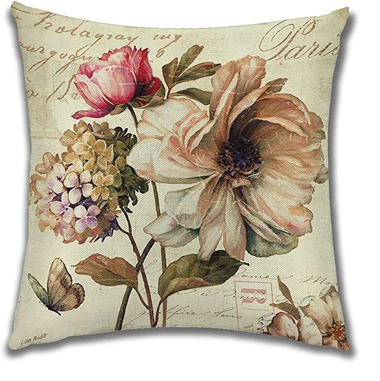 housse coussin lin imprimé fleurs vintage beige rose vert blanc adhésif salon chambre decorative