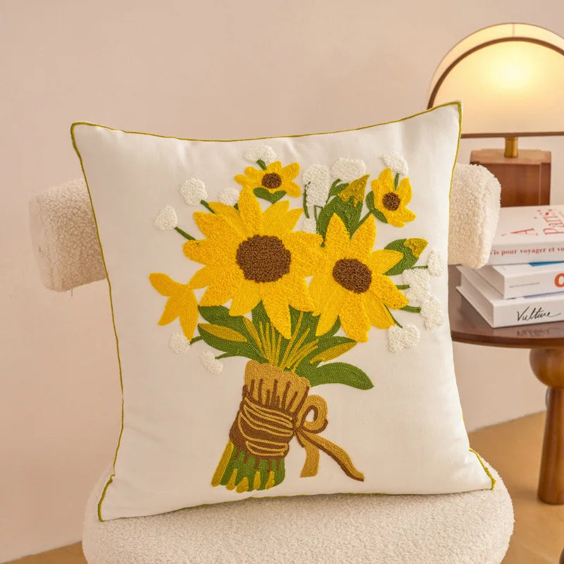 housse coussin décorative motif floral brodé moderne canapé salon lit maison blanc