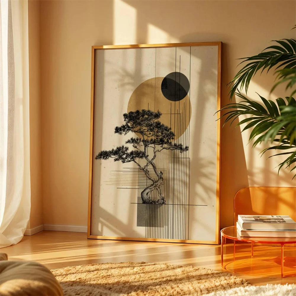 cadre art moderne minimaliste toile abstraite arbre stylisé cercle noir lignes verticales 60x80cm 45x60cm