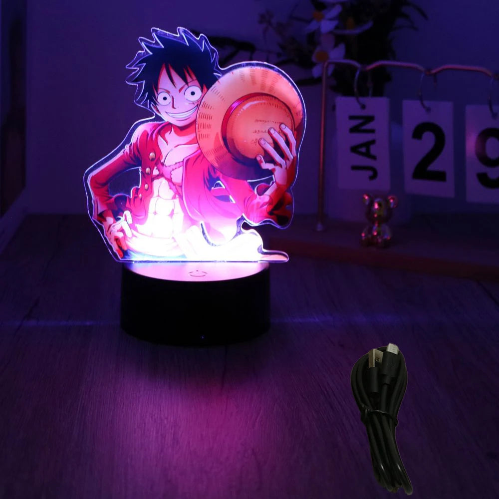lampe led 3d anime luffy zorro cracked surface télécommande câble usb nocturne rouge vert