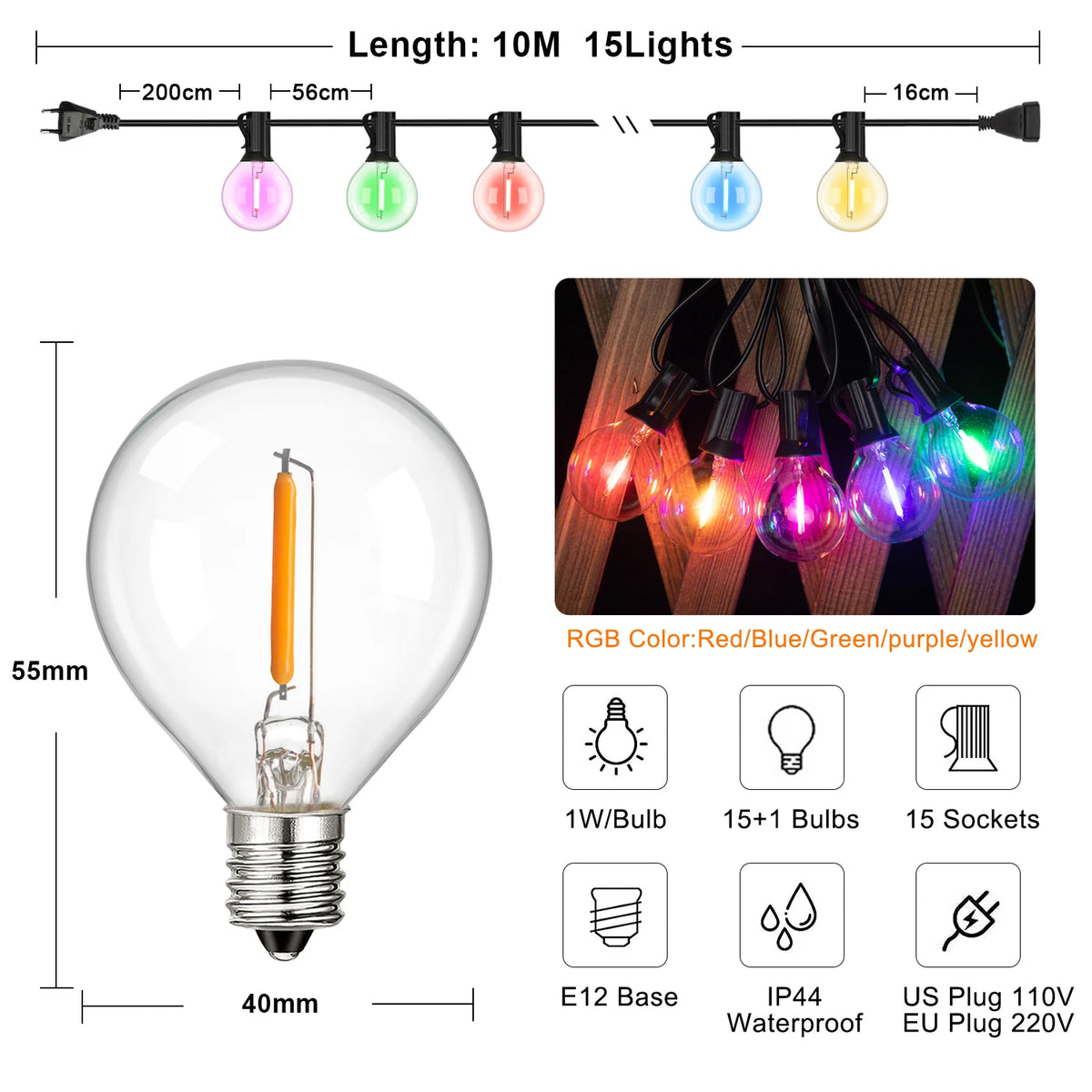 guirlandes lumineuses led multicolores globes vintage imperméables extérieures 10l 15l 25l 48l festive decoration