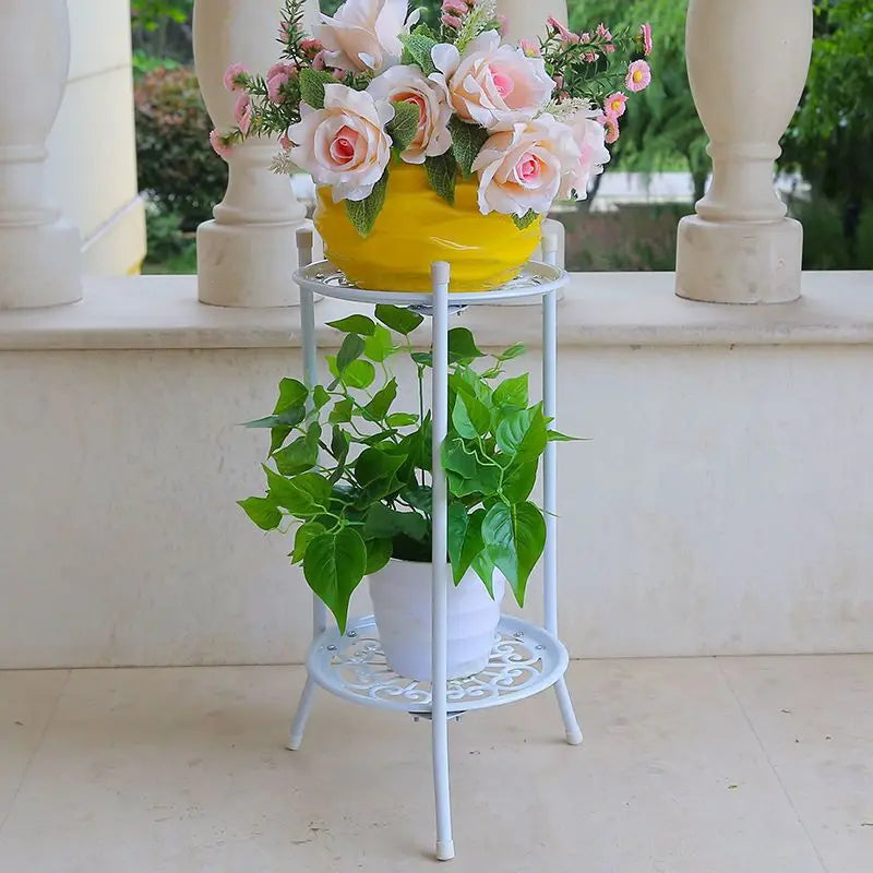 support fleurs étagère métal noir blanc ajouré circulaire plante verte pot terre cuite industriel