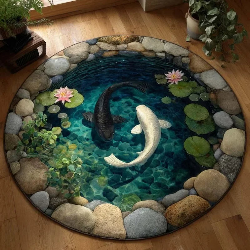 tapis rond moderne paysage aquatique poissons verte bleue noire 80x80cm 120x120cm salon chambreextérieur