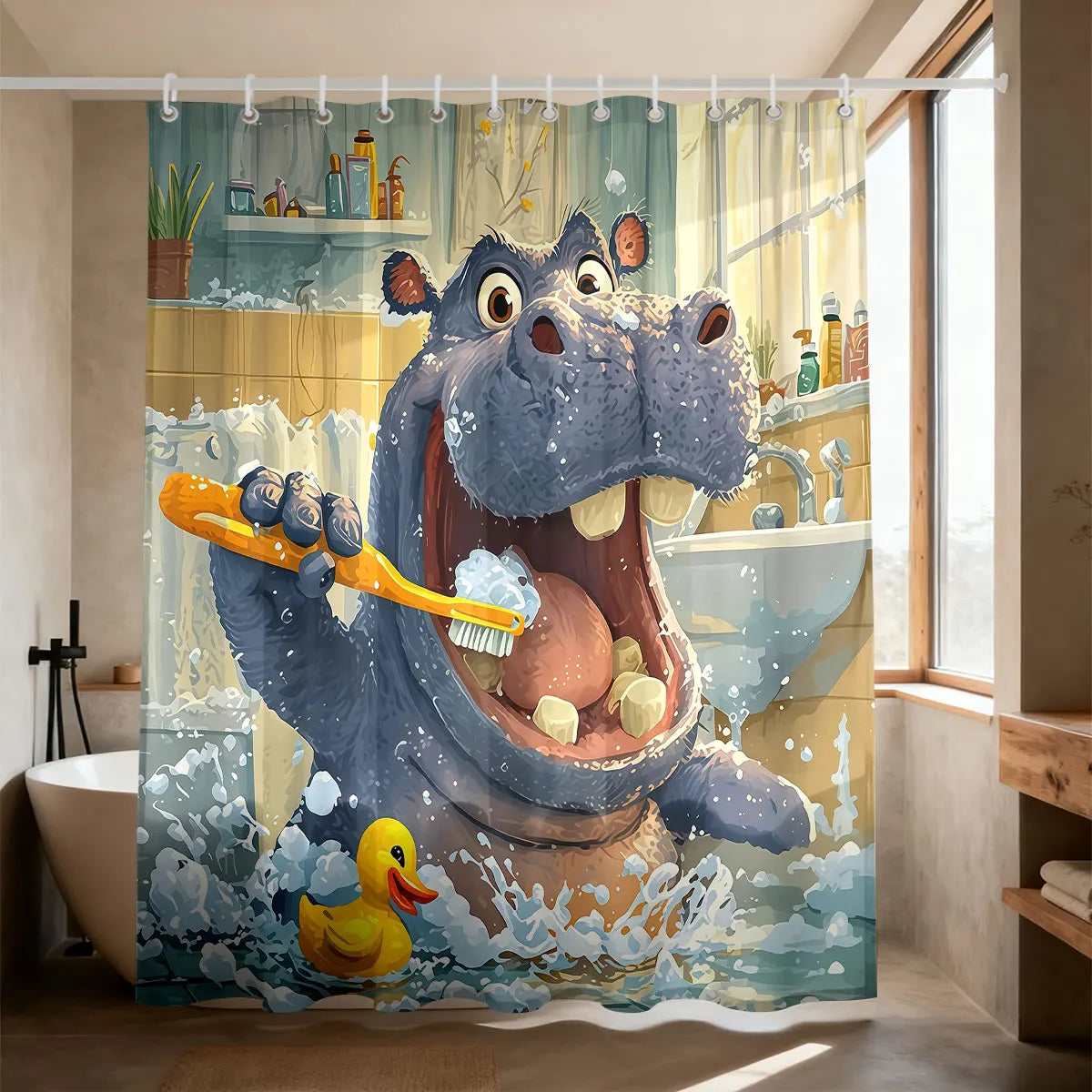 rideau douche classique hippopotame souriant fleurs bleu rose jaune vert opaque crochets