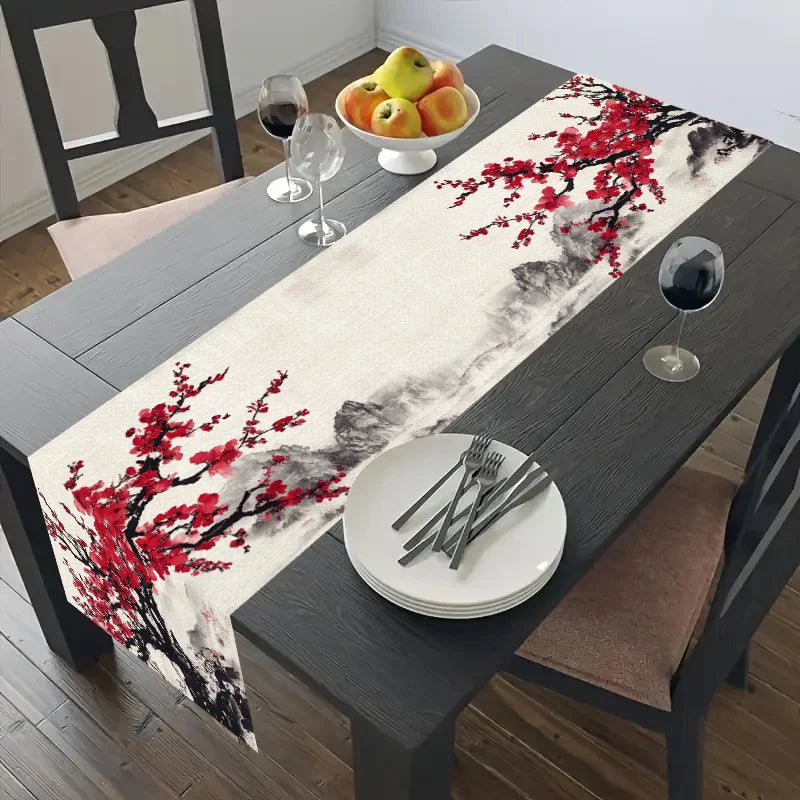 nappe longue imprimée fleurs cerisiers effet aquarelle décoration asiatique table maison assiettes couverts verres