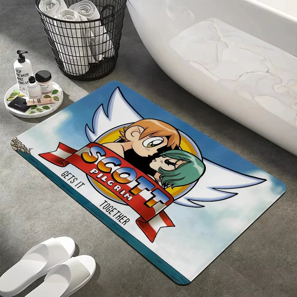 tapis bain dessin animé scott pilgrim noir orange blanc motifs pop art