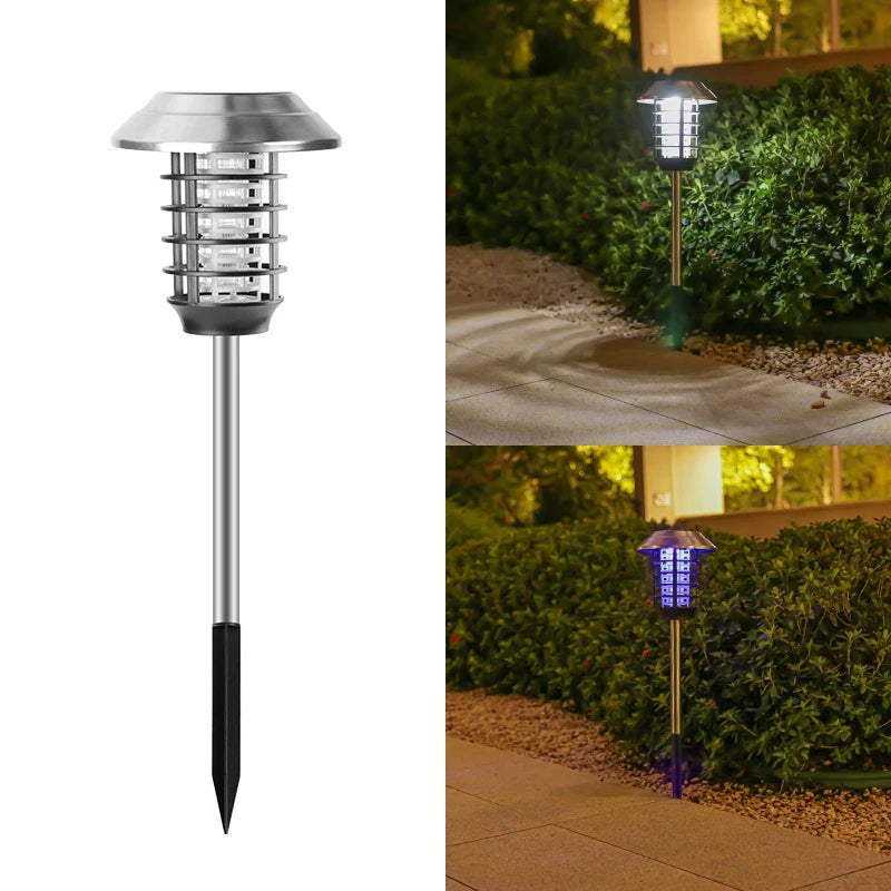 lampe anti moustiques solaire led noir argenté moderne panneau solaire grille métallique interrupteur étanche