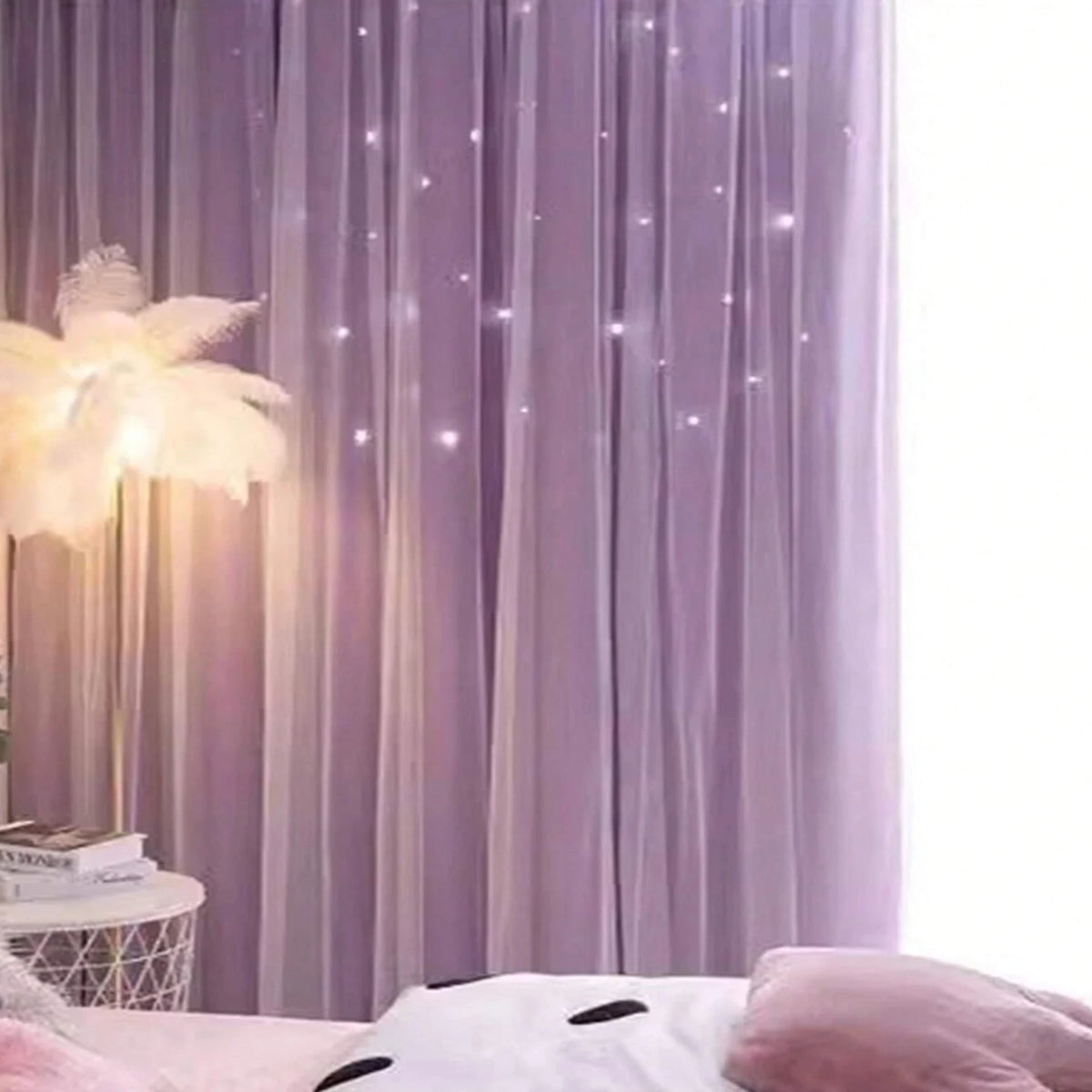 rideau double couche violet clair motif étoiles blanches voile transparent moderne salon chambre coucher