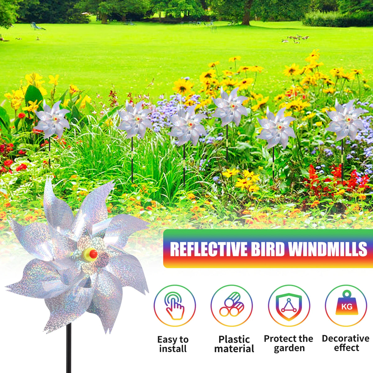 soufflet oiseaux girouette argent arc ciel extérieur décoration jardin ludique fixe pales holographiques 10