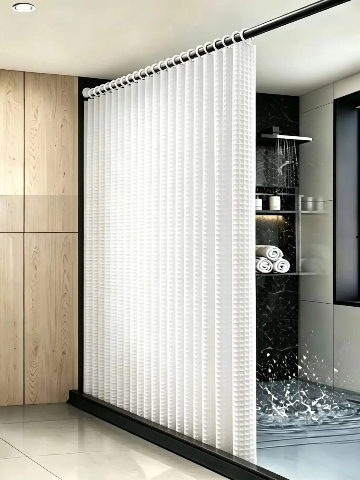 rideau douche blanc moderne polyester gaufre triangles relief opaquant eyelets respectueux environnement