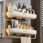 étagères rangement murales adhésives blanches modernes salle bain produits cosmétiques bouteilles lessive serviettes