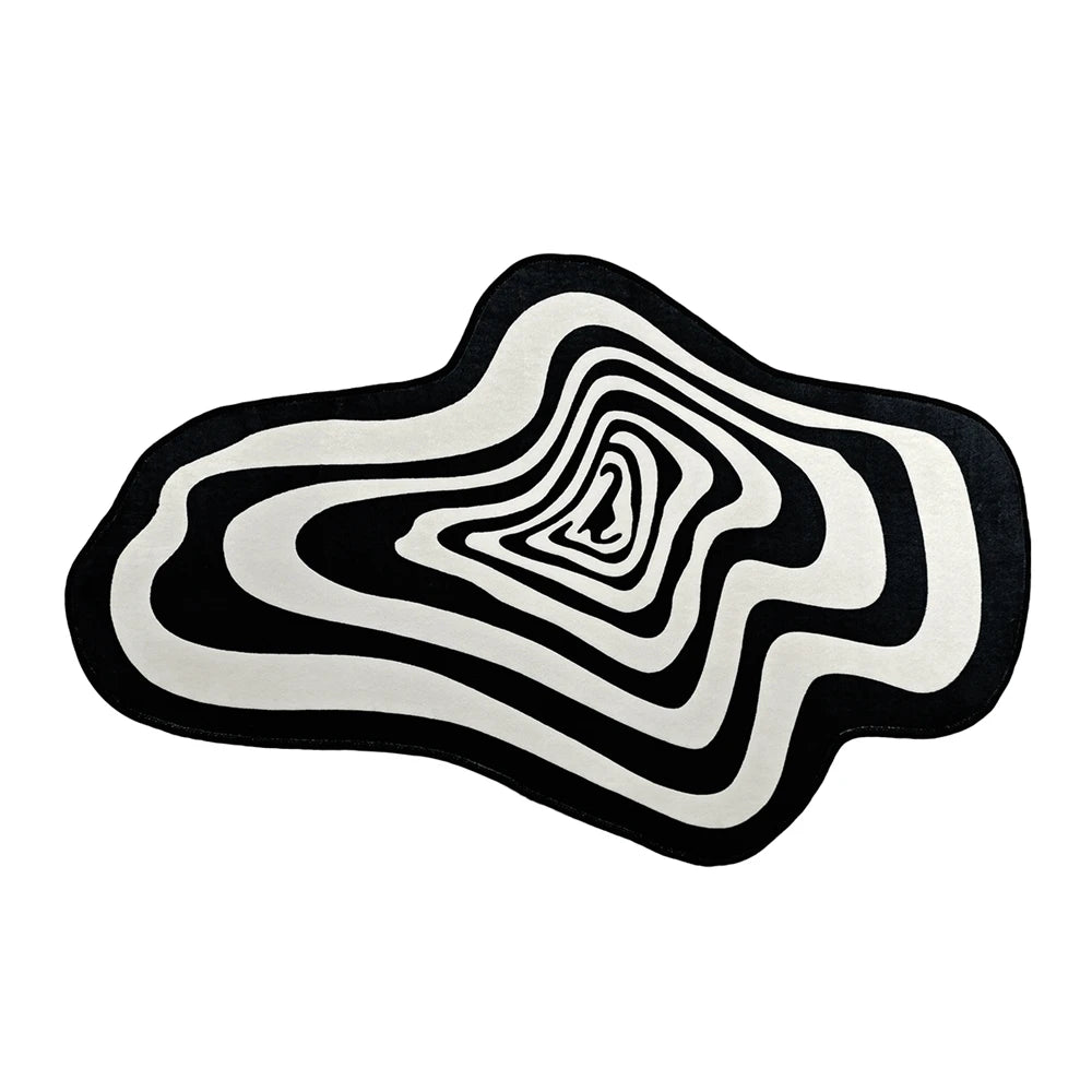tapis noir blanc moderne abstrait rayures concentriques effet ondulé salon intérieur