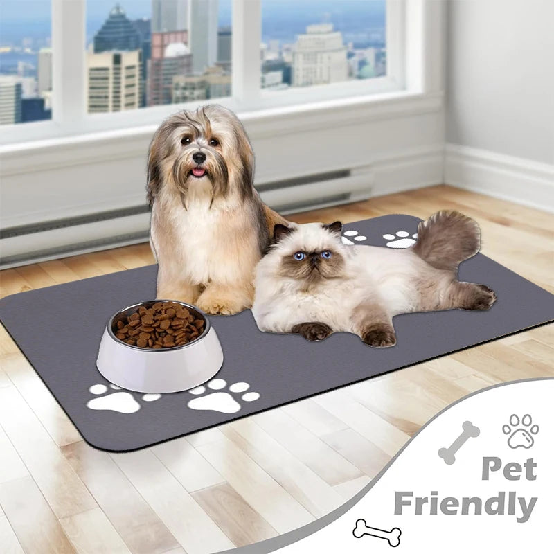 tapis nourriture animal gris imprimé pattes blanc moderne imperméable antidérapant bols support