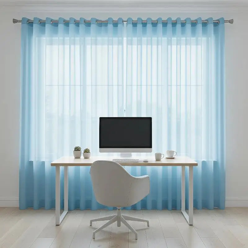 rideau voilage bleu clair plissé moderne tringle fenêtre décoration chambre salon transparent nylon
