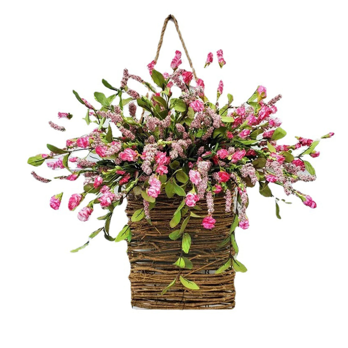 panier suspendu fleurs artificielles tressage fleur lavande rose vintage décoration entrée rustique contemporain chambre
