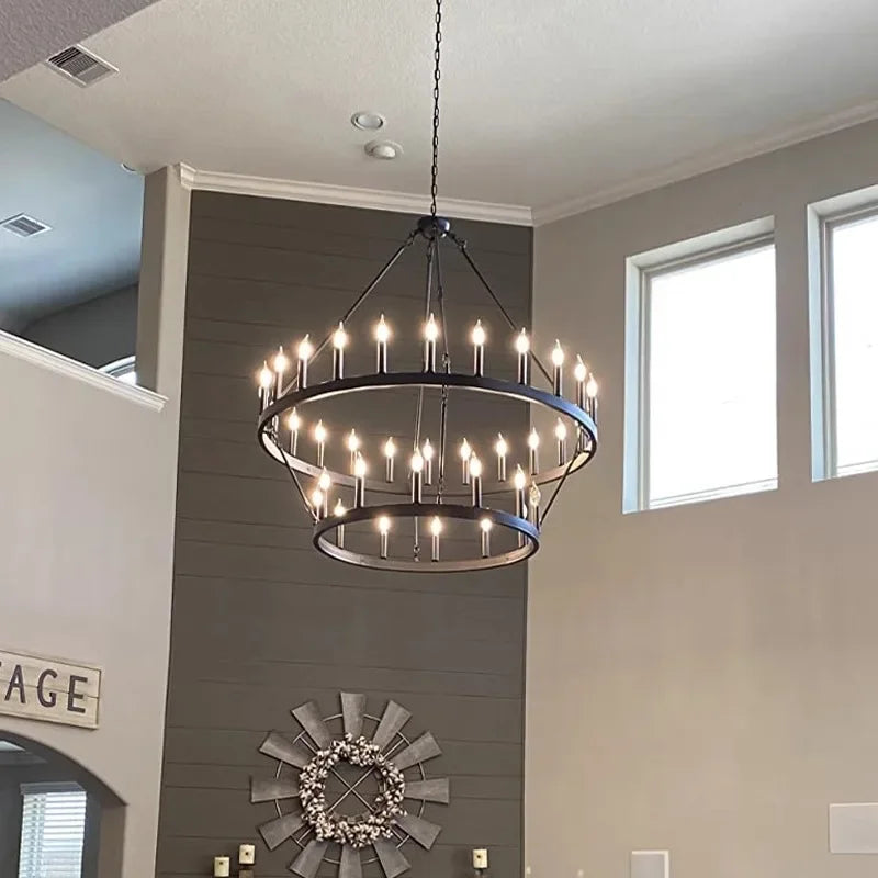 lustre moderne rustique noir multiple branches 20 ampoules E12 chaines suspension salon salle manger