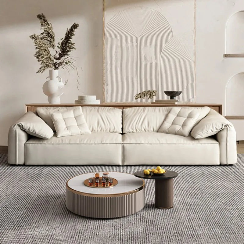 canapé moderne bois scandinave beige coussins dimension 280cm 100cm 75cm
