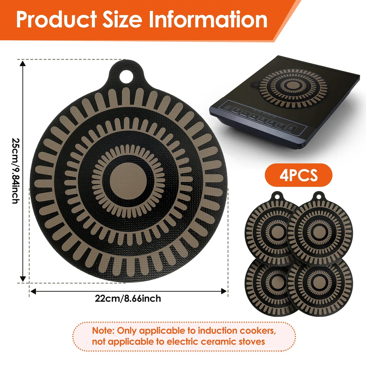 tapis protection plaque induction noir beige motif circulaire moderne 25x22cm 4pcs crochets