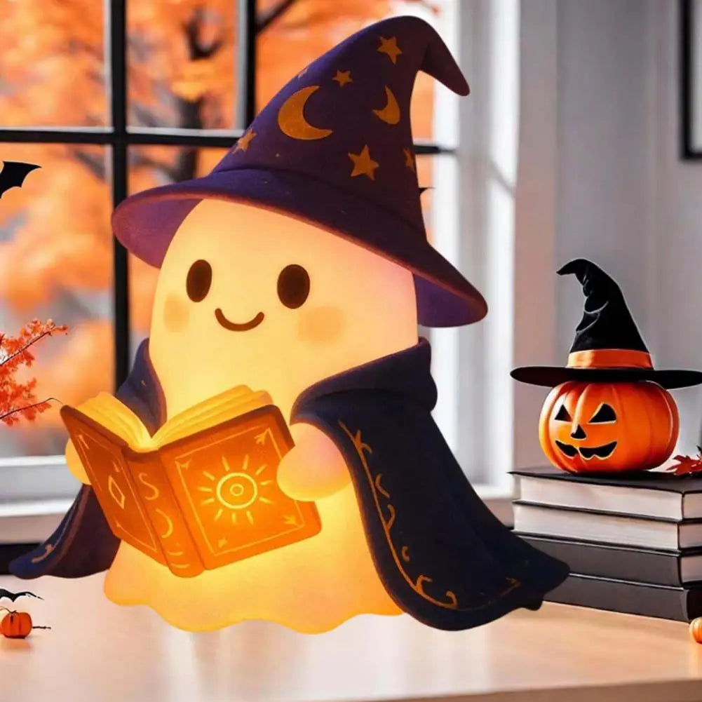 lampe fantôme magicien halloween blanc bleu orange motifs lunaire floral solaire chapeau cape