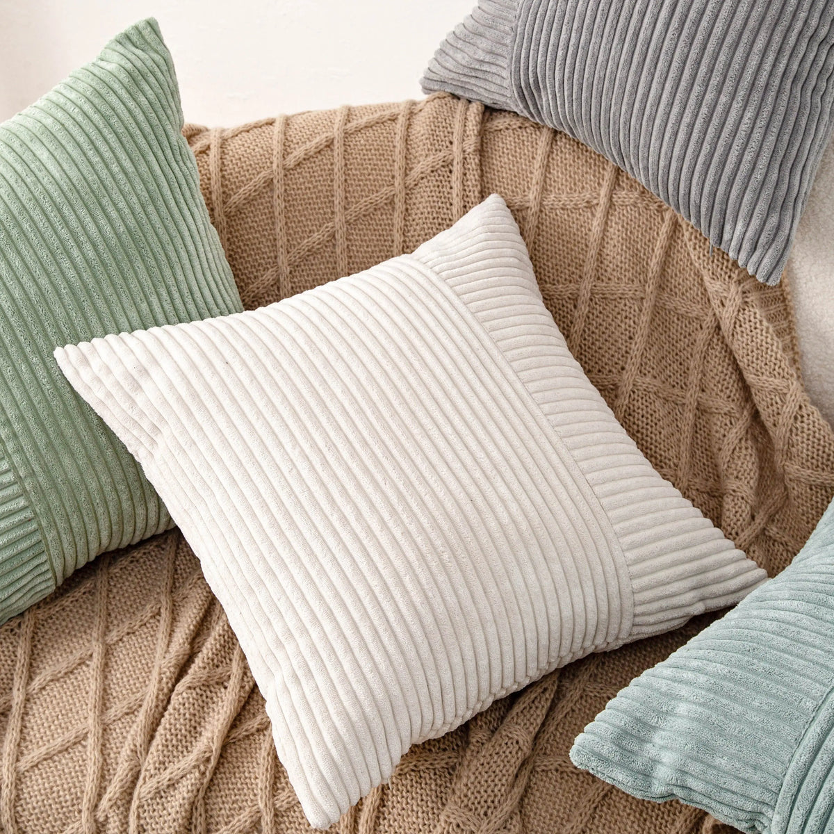 housses coussin patchwork moderne polyester coton beige rose gris vert rayures 45cm 1pc opaques