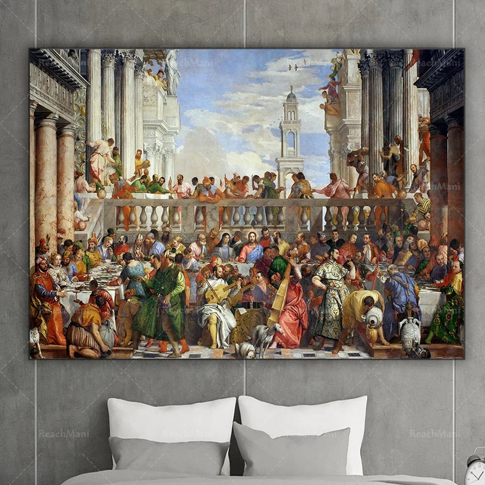 L'œuvre représente une scène animée d'une foule rassemblée dans un intérieur architectural grandiose, avec de nombreuses figures habillées de manière traditionnelle et colorée, reflétant une époque historique.