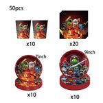assiettes papier serviettes gobelets tissu table ninjas feu anniversaire thème ninja rouge vert