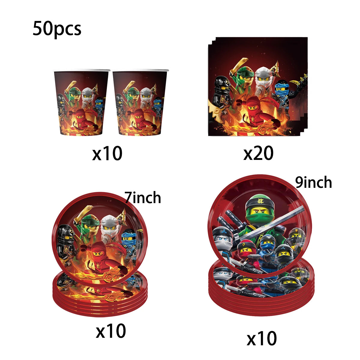 assiettes papier serviettes gobelets tissu table ninjas feu anniversaire thème ninja rouge vert