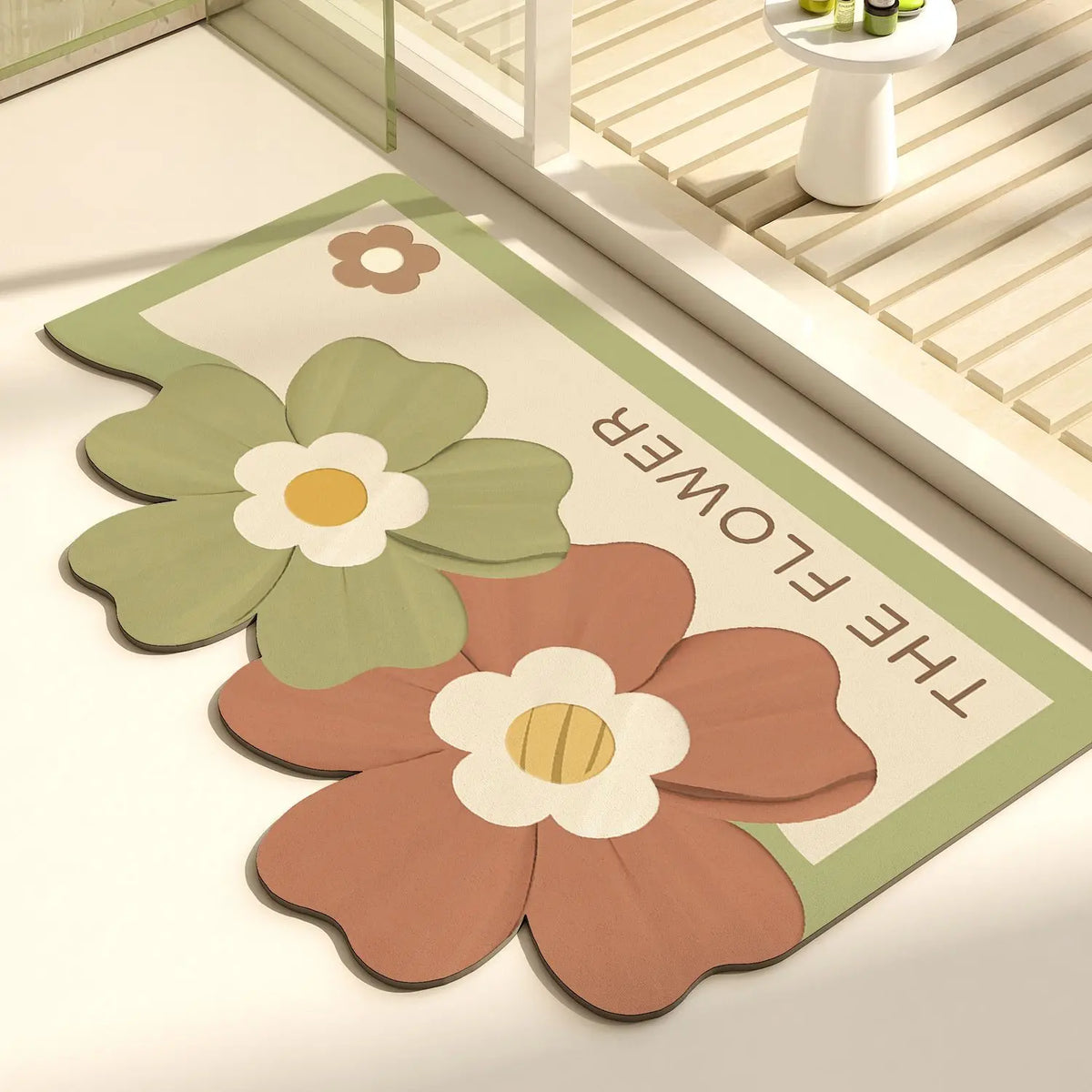 tapis sol marron vert fleurs stylisées moderne antidérapant résistant décoloration