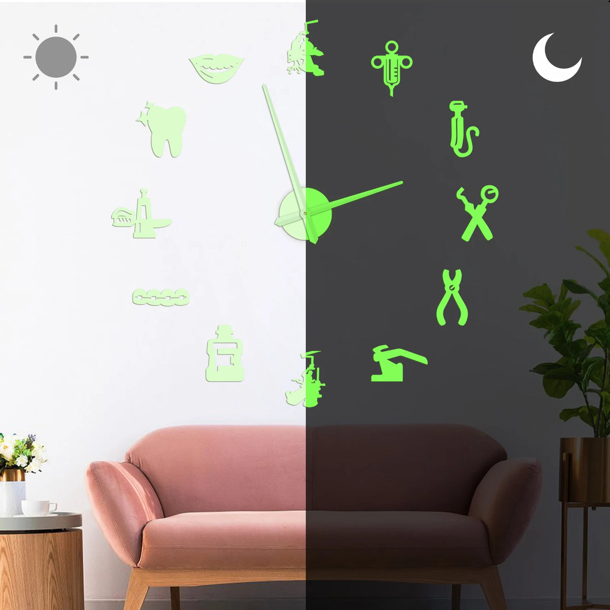 horloge murale moderne argent noir doré lumineuse icônes médicales adhésive grande salle manger chambre