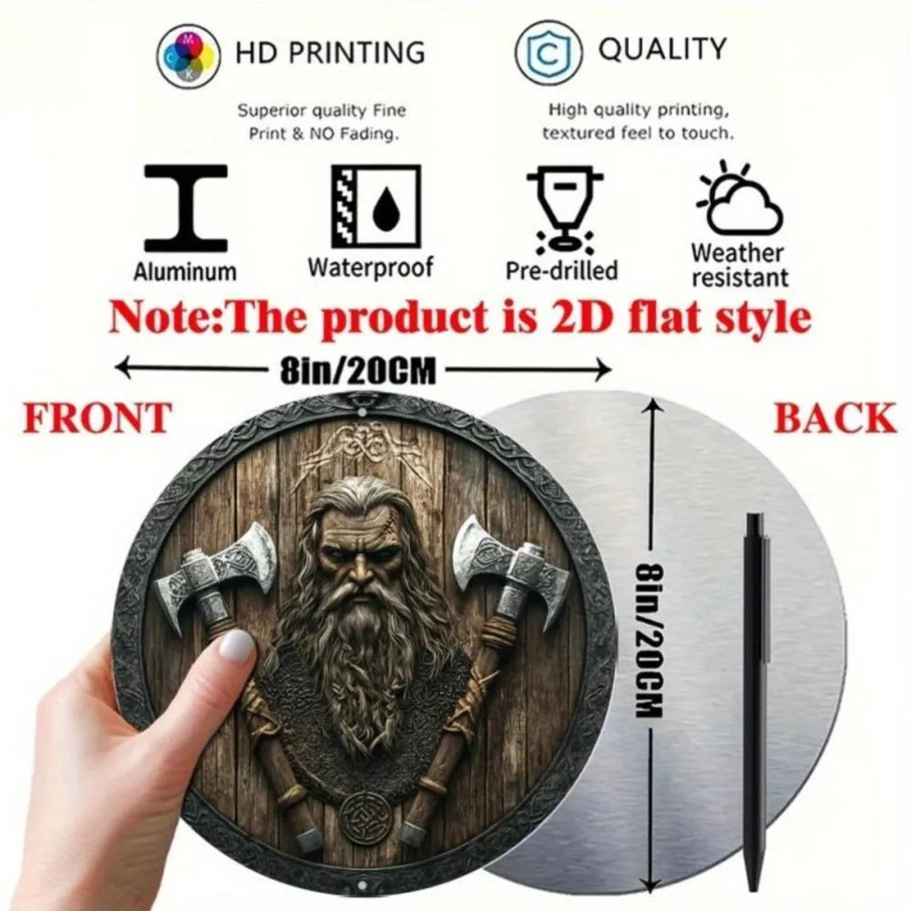 décoration murale ronde plaque métal motif viking hache bouclier marron gris noir texture bois
