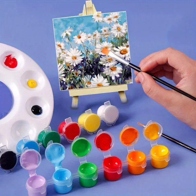 tableaux miniatures peinture huile fleurs blanches toile pré dessinée outils peinture palette pinceaux boite