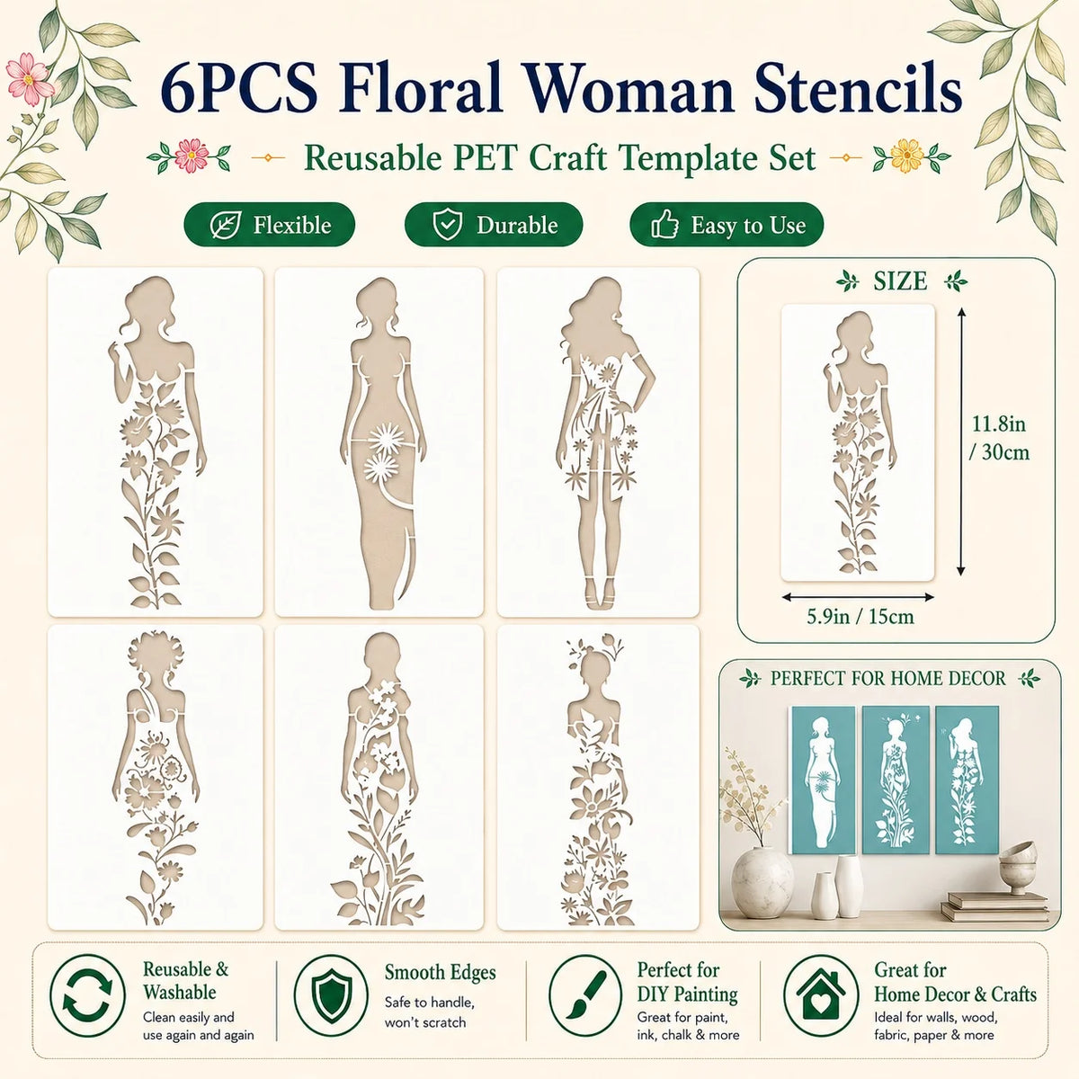 gabarits découpe féminins floraux motifs complexes élégant adhésif réutilisable toile pet art mural DIY