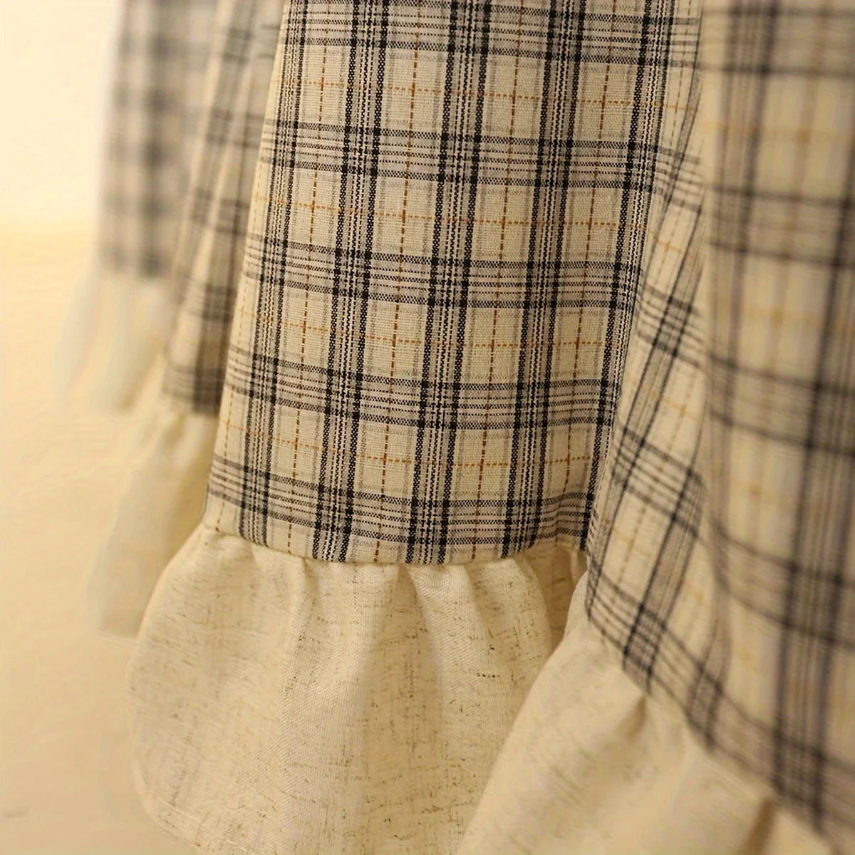 rideau vintage polyester carreaux beige gris opacique rustique cuisine salon