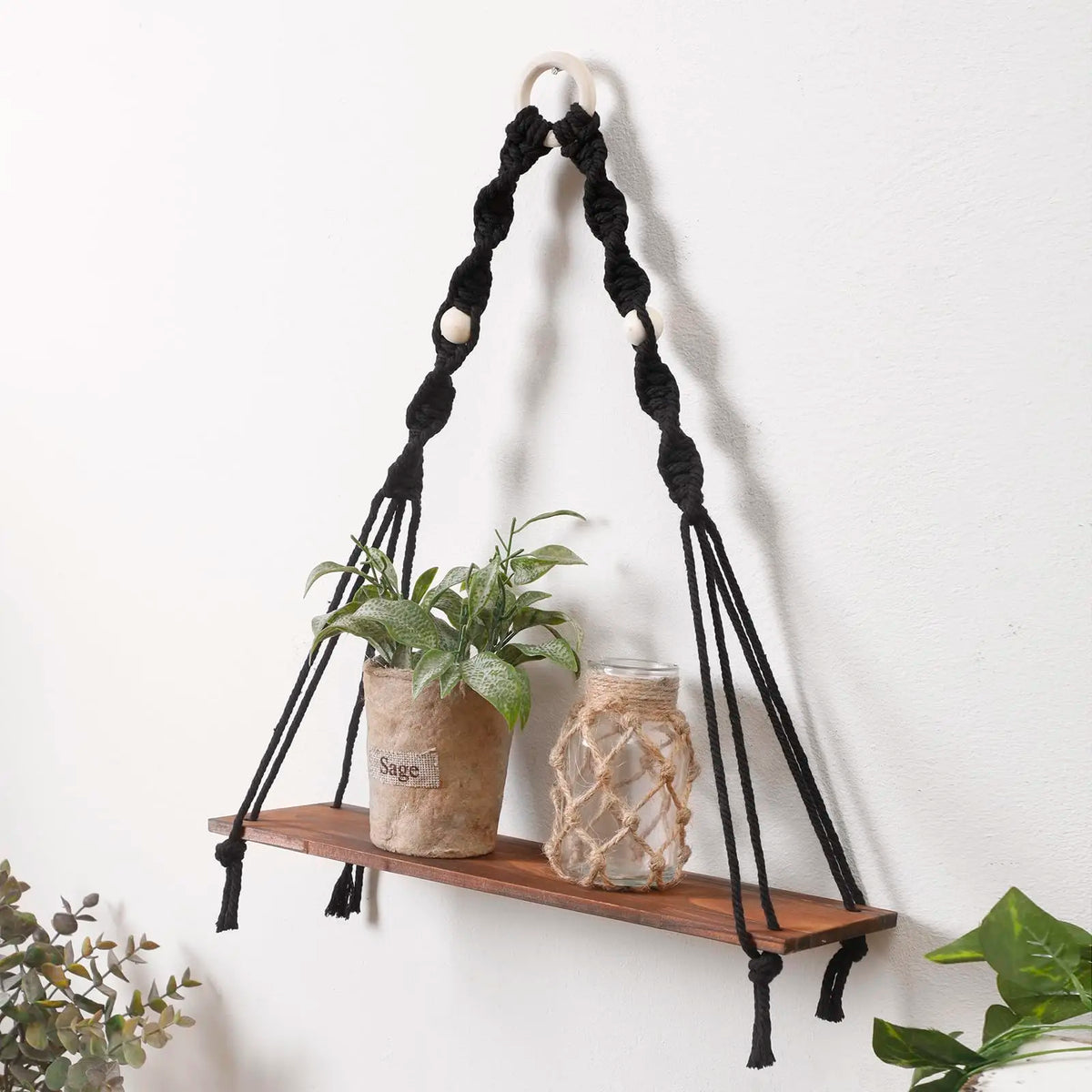étagères suspendues boho blanc macramé bois rustique anneaux métalliques chambre salon étude decoration cadeau