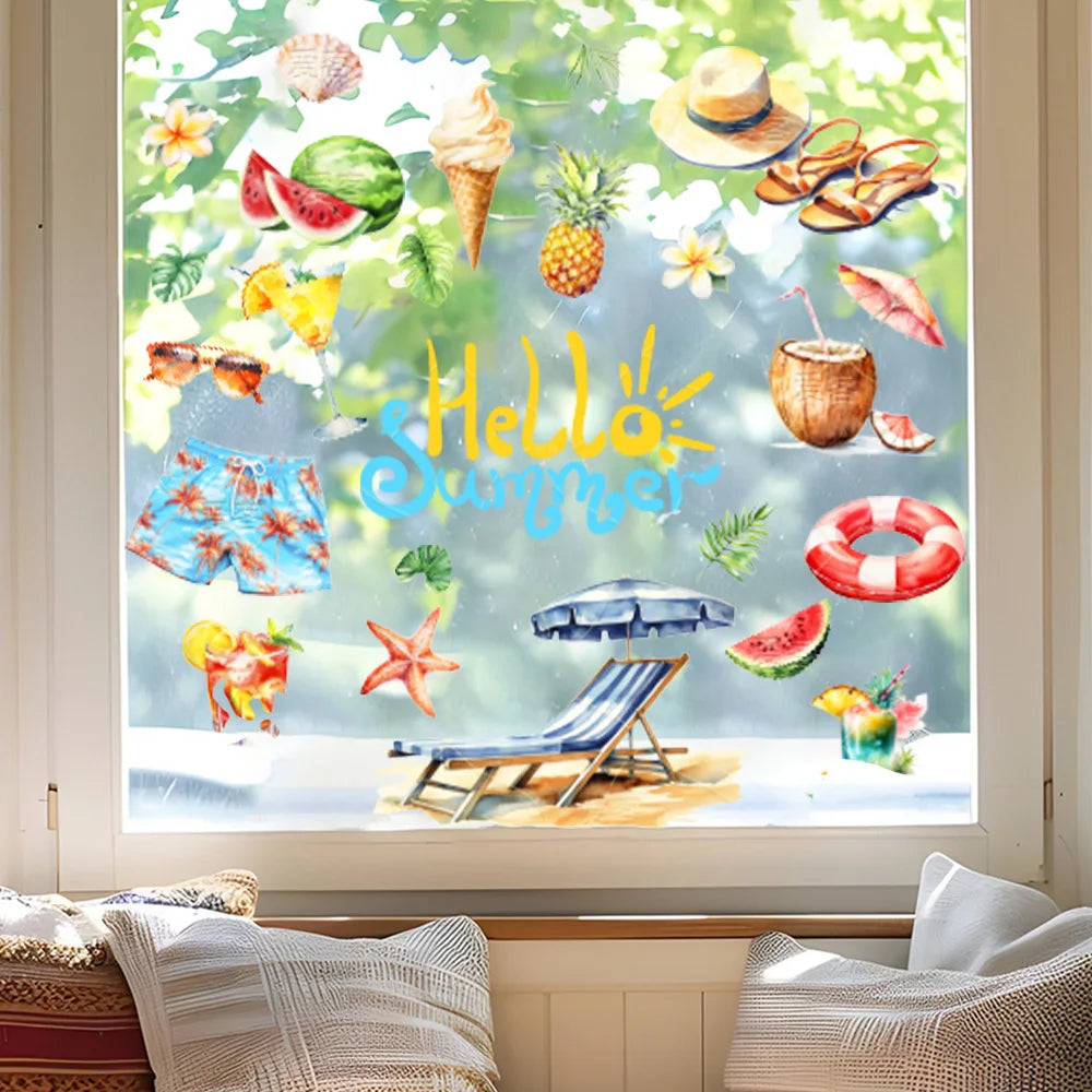 sticker mur illustration été fruits lunettes soleil chapeaux chaises longues 30cm x30cm multicolore adhésif
