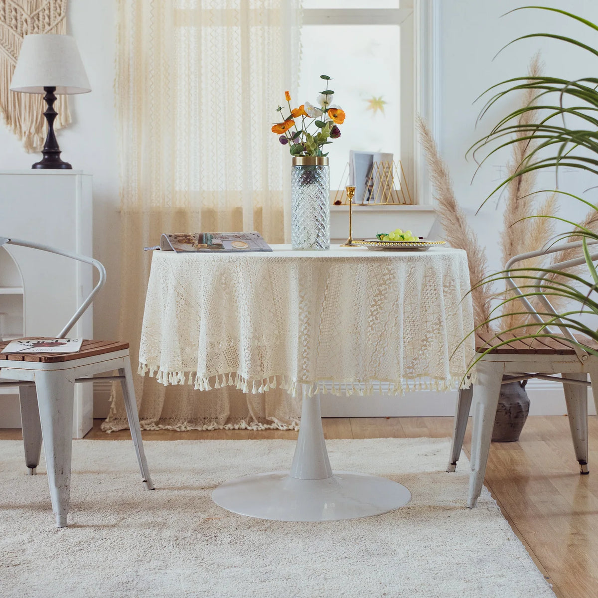 nappe table crochet pompons dentelle beige motifs floraux boho chic réutilisable coton table restaurantextérieur