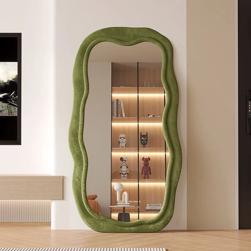 grand miroir vertical moderne cadre bois tissu velours salon chambre